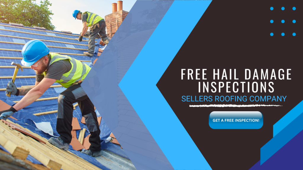 Hail damage roofing contractors near roseville, mn - a banner with two men working on a roof and a call to action inviting reader to get a free inspection for hail damage