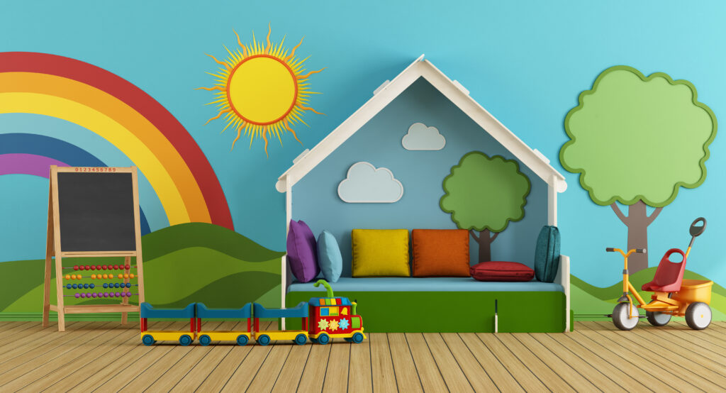 St paul basement remodel - a basement playroom for the kids with rainbows scenery and toys