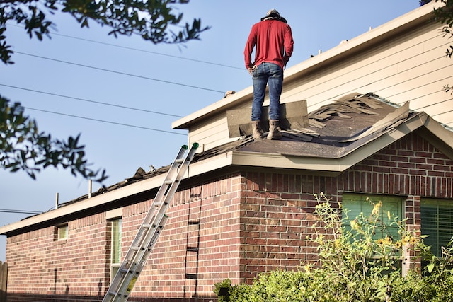 Homeowner inspecting the roof of his house.